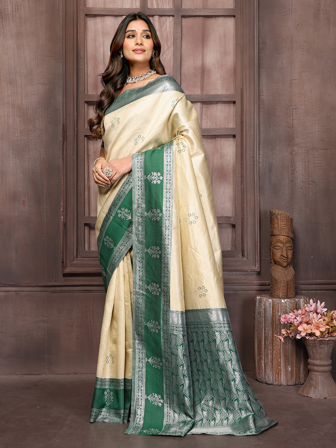 Janasya Beige Silk Blend Checked Jacquard Border Grab2Buy 