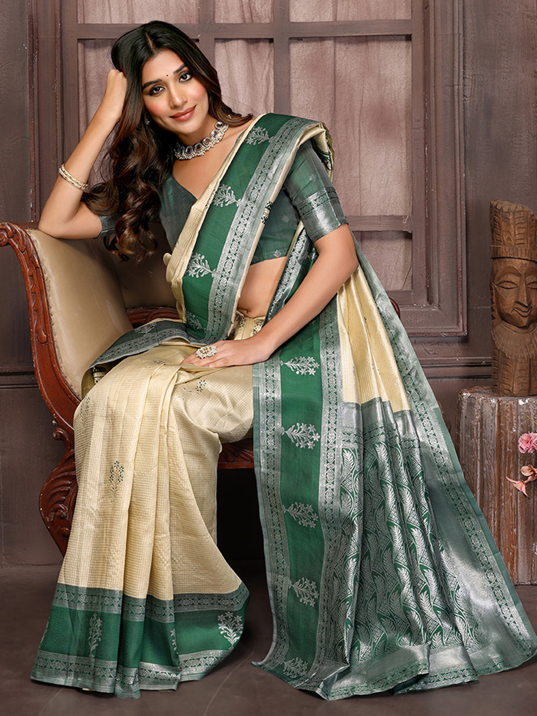 Janasya Beige Silk Blend Checked Jacquard Border Grab2Buy 