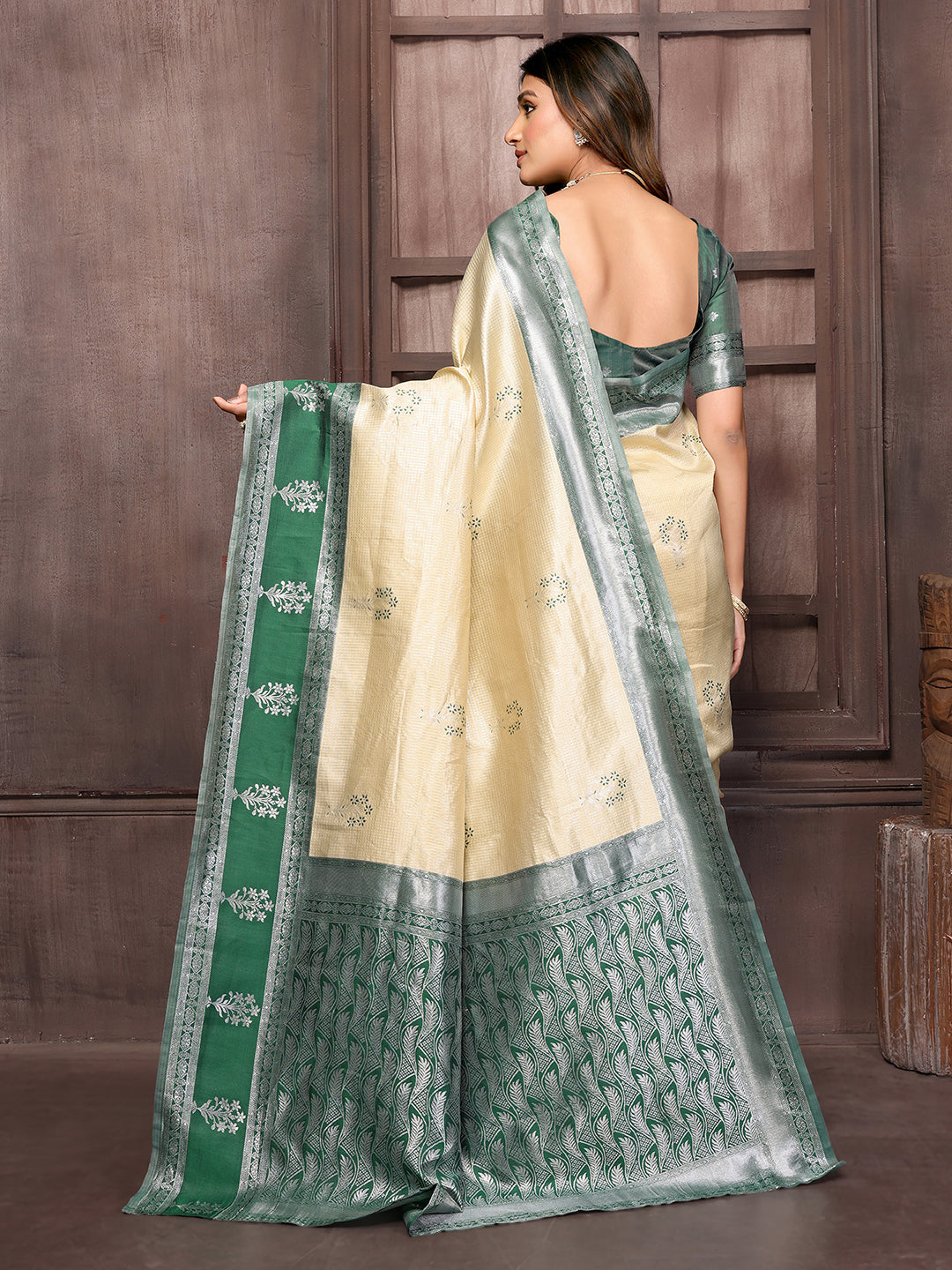 Janasya Beige Silk Blend Checked Jacquard Border Grab2Buy 