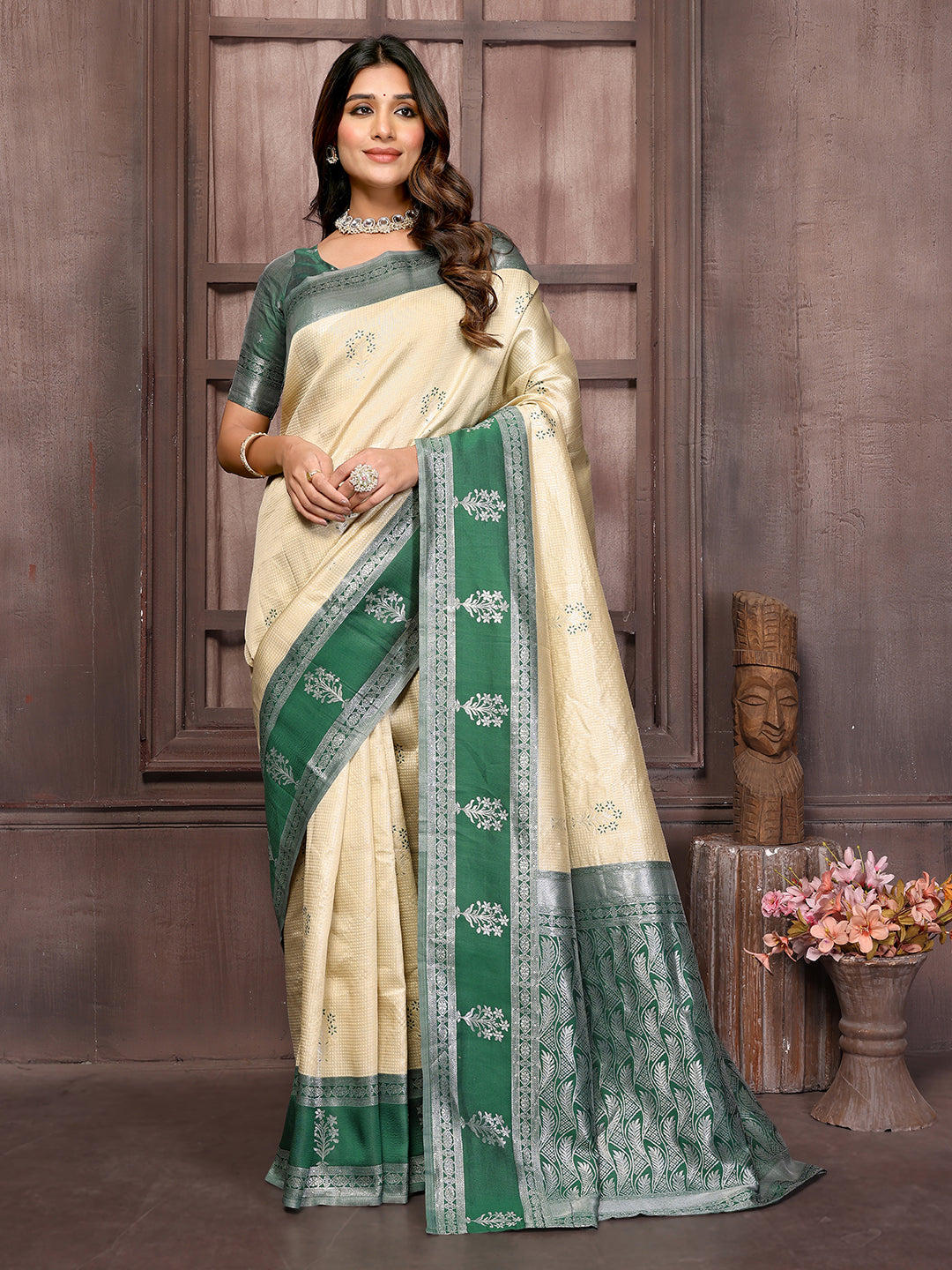 Janasya Beige Silk Blend Checked Jacquard Border Grab2Buy 