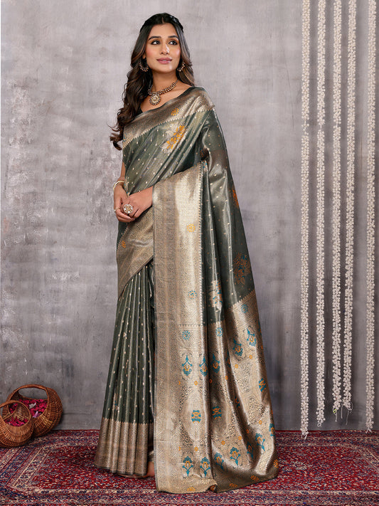 Janasya Olive Silk Blend Ethnic Motifs Banarasi Grab2Buy 