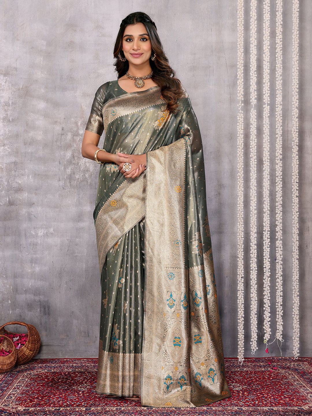 Janasya Olive Silk Blend Ethnic Motifs Banarasi Grab2Buy 