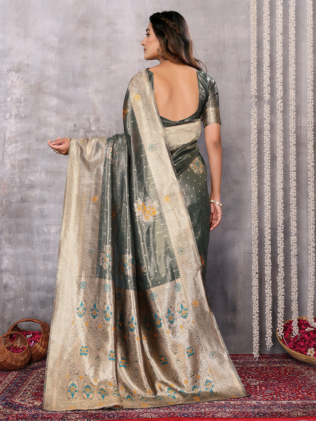 Janasya Olive Silk Blend Ethnic Motifs Banarasi Grab2Buy 