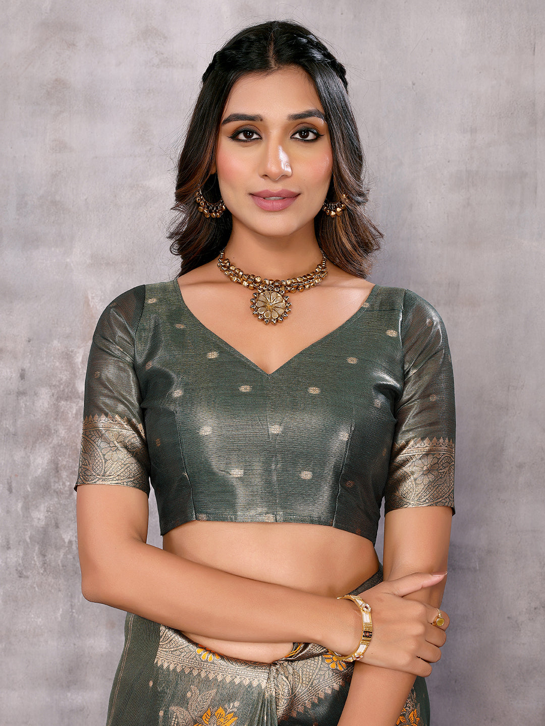 Janasya Olive Silk Blend Ethnic Motifs Banarasi Grab2Buy 