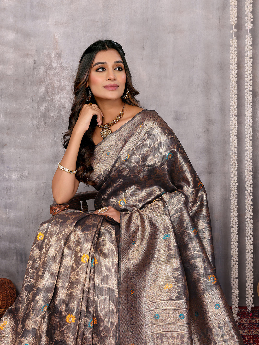 Janasya Blue & Gold Silk Blend Floral Banarasi Grab2Buy 