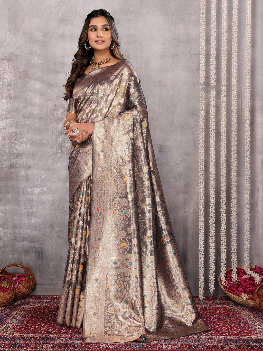 Janasya Blue & Gold Silk Blend Floral Banarasi Grab2Buy 
