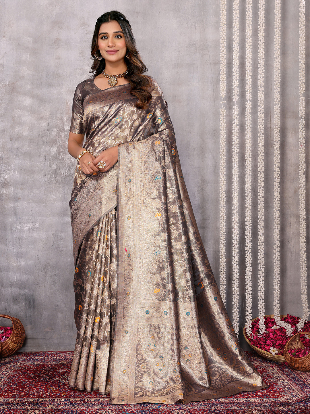 Janasya Blue & Gold Silk Blend Floral Banarasi Grab2Buy 