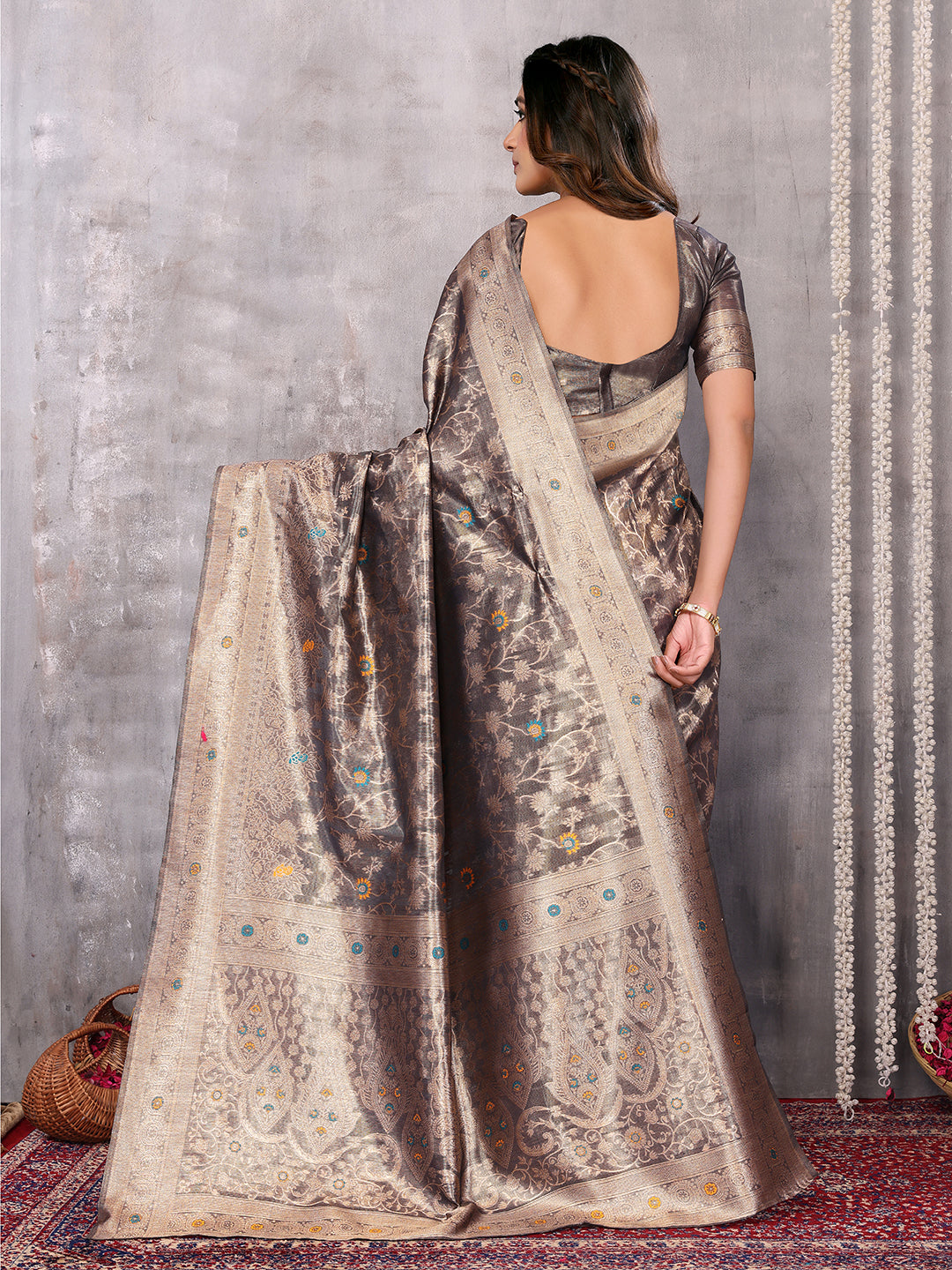 Janasya Blue & Gold Silk Blend Floral Banarasi Grab2Buy 