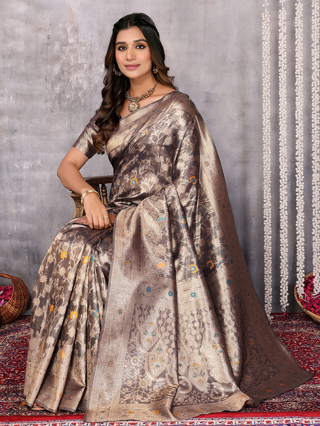 Janasya Blue & Gold Silk Blend Floral Banarasi Grab2Buy 