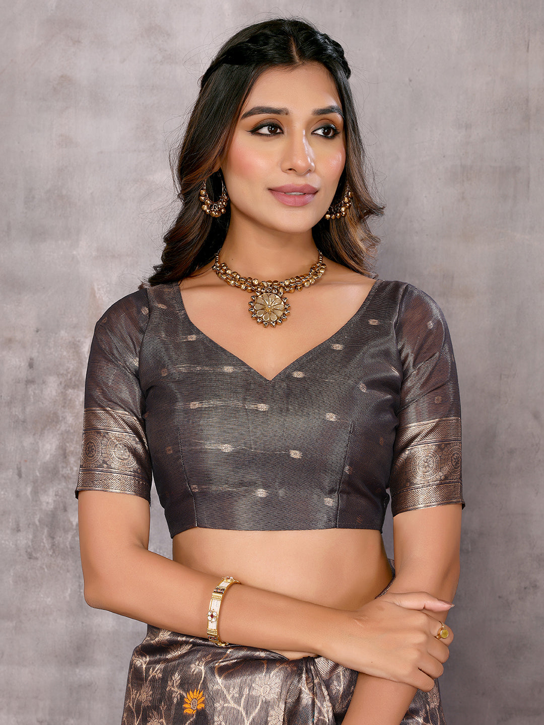 Janasya Blue & Gold Silk Blend Floral Banarasi Grab2Buy 