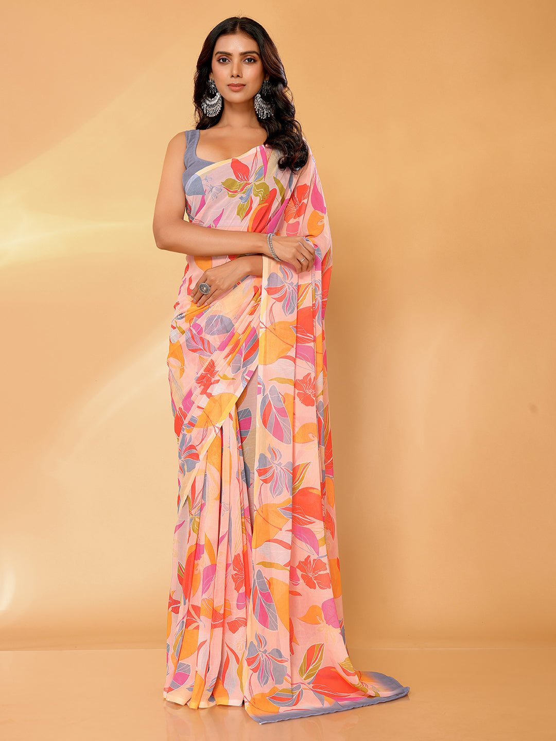 Janasya Peach Georgette Tropical Printed Grab2Buy 