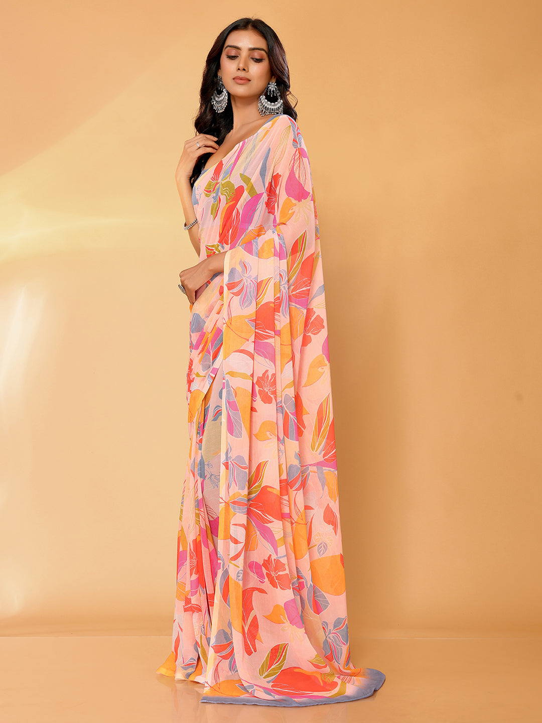 Janasya Peach Georgette Tropical Printed Grab2Buy 
