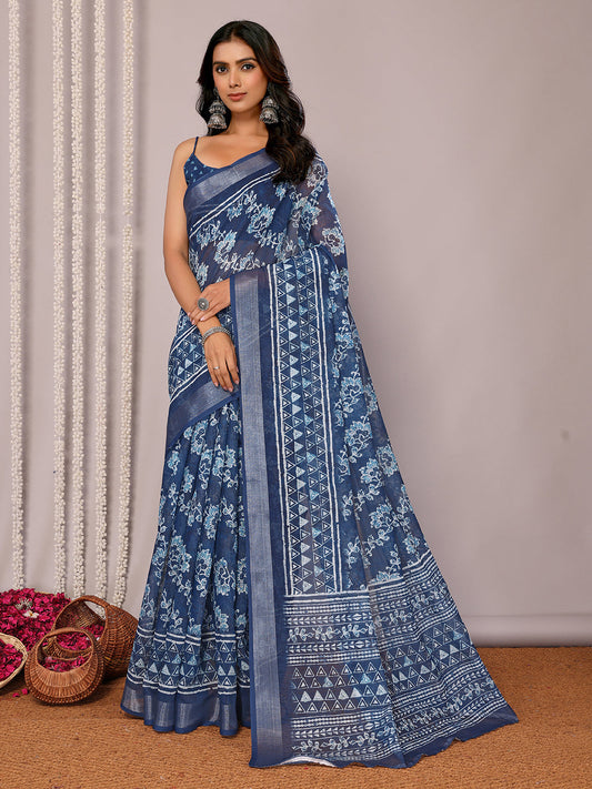 Janasya Navy Blue Cotton Linen Floral Printed Grab2Buy 