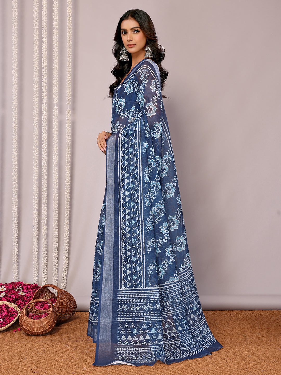 Janasya Navy Blue Cotton Linen Floral Printed Grab2Buy 
