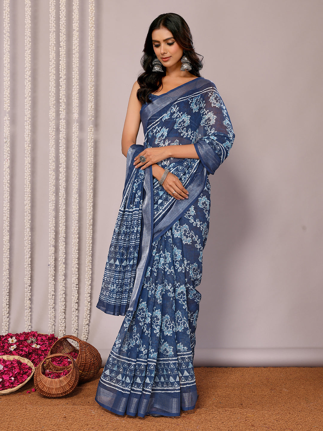 Janasya Navy Blue Cotton Linen Floral Printed Grab2Buy 
