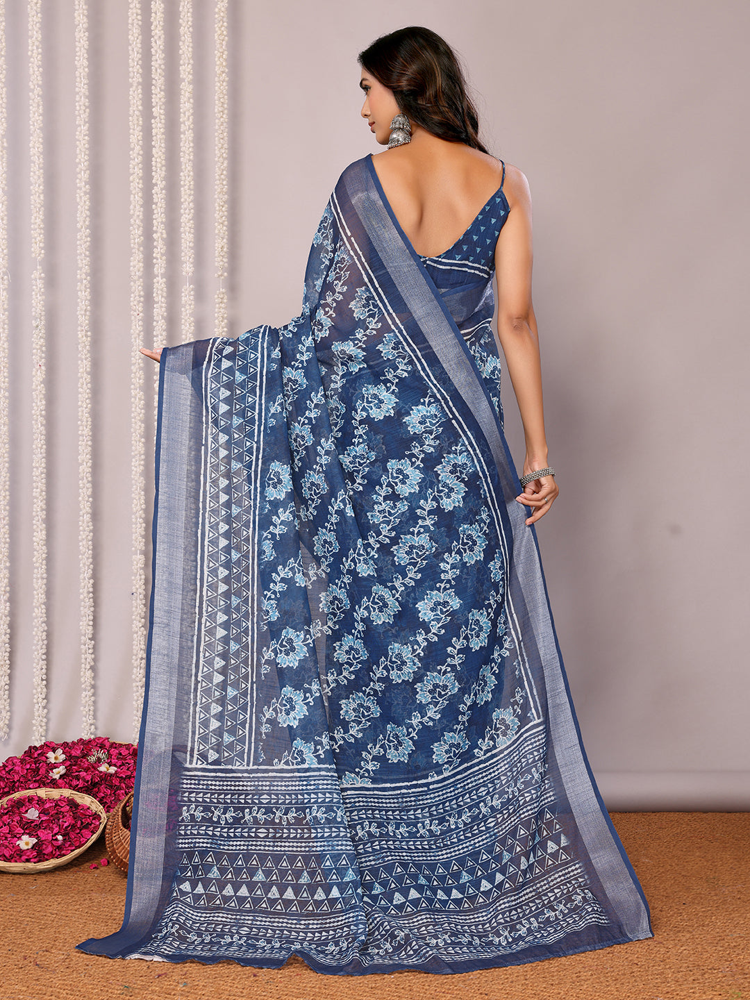 Janasya Navy Blue Cotton Linen Floral Printed Grab2Buy 
