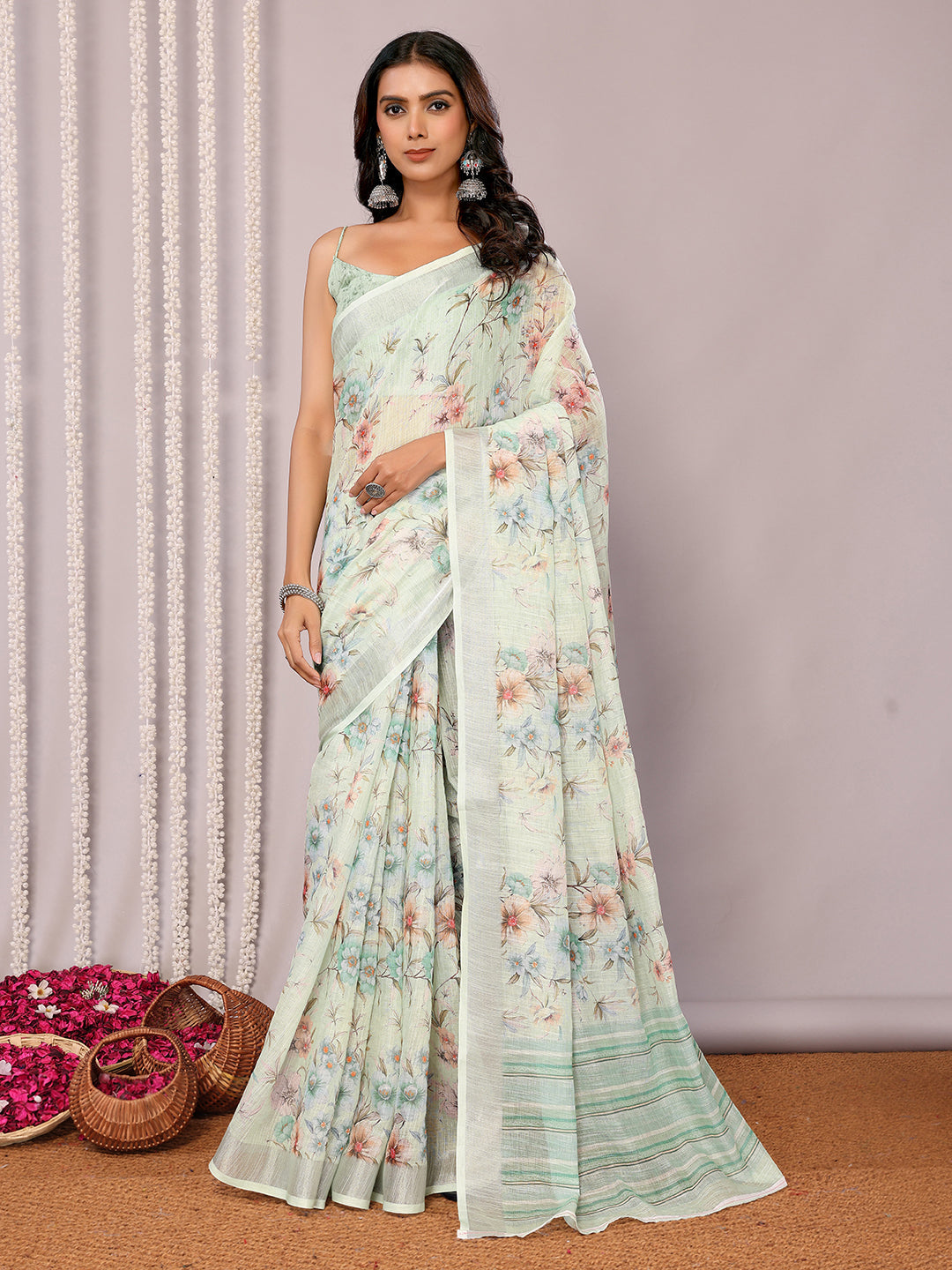 Janasya Light Green Cotton Linen Floral Printed Grab2Buy 