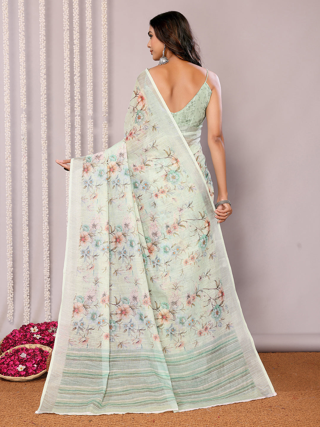 Janasya Light Green Cotton Linen Floral Printed Grab2Buy 