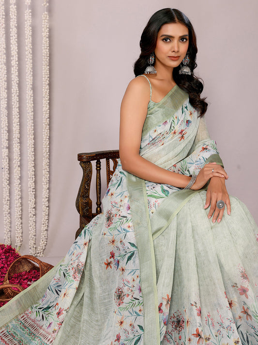 Janasya Light Green Cotton Linen Floral Printed Grab2Buy