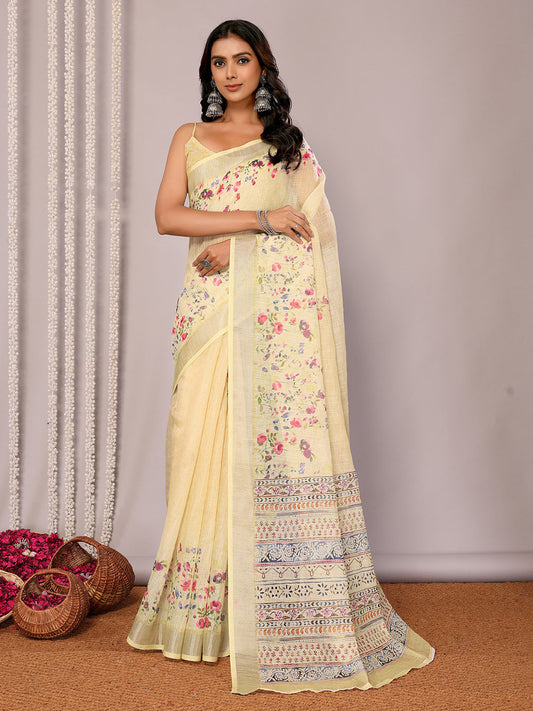 Janasya Light Yellow Cotton Linen Floral Printed Grab2Buy