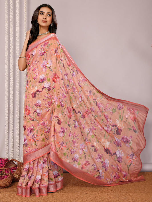 Janasya Peach Cotton Linen Floral Printed Grab2Buy 