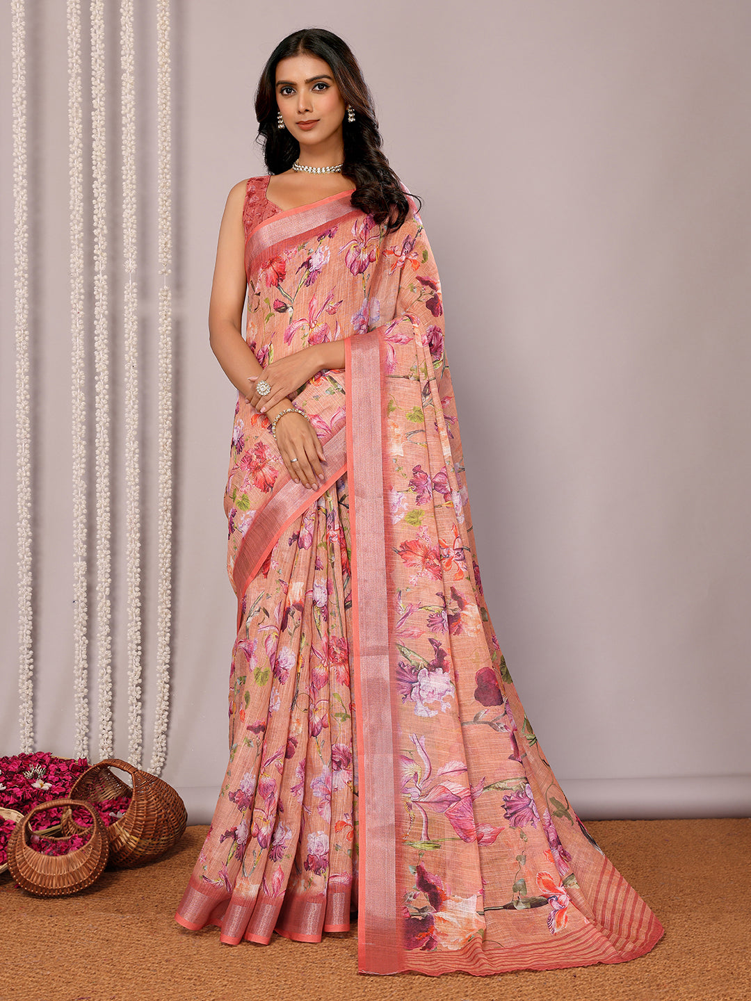 Janasya Peach Cotton Linen Floral Printed Grab2Buy 