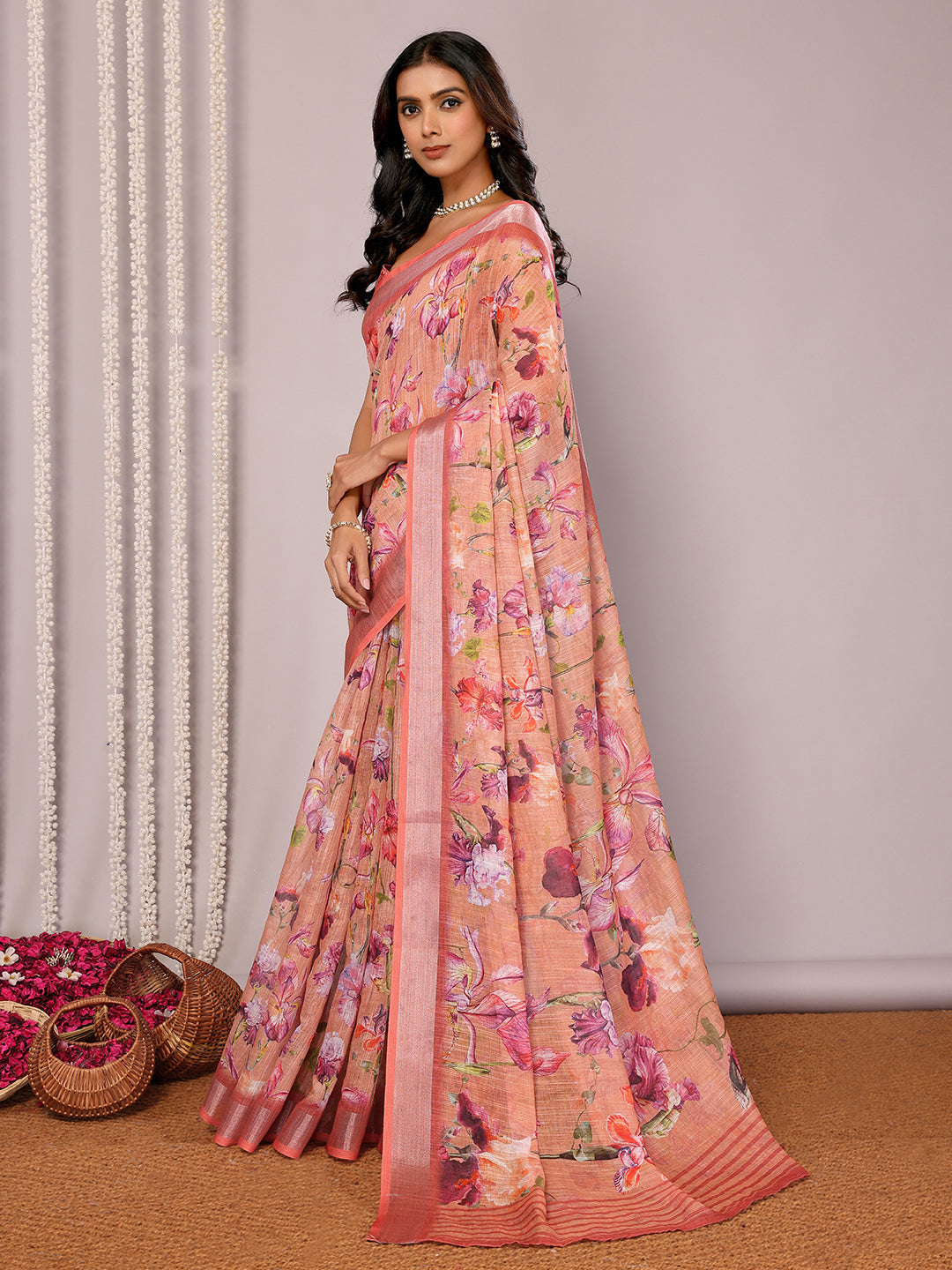 Janasya Peach Cotton Linen Floral Printed Grab2Buy 