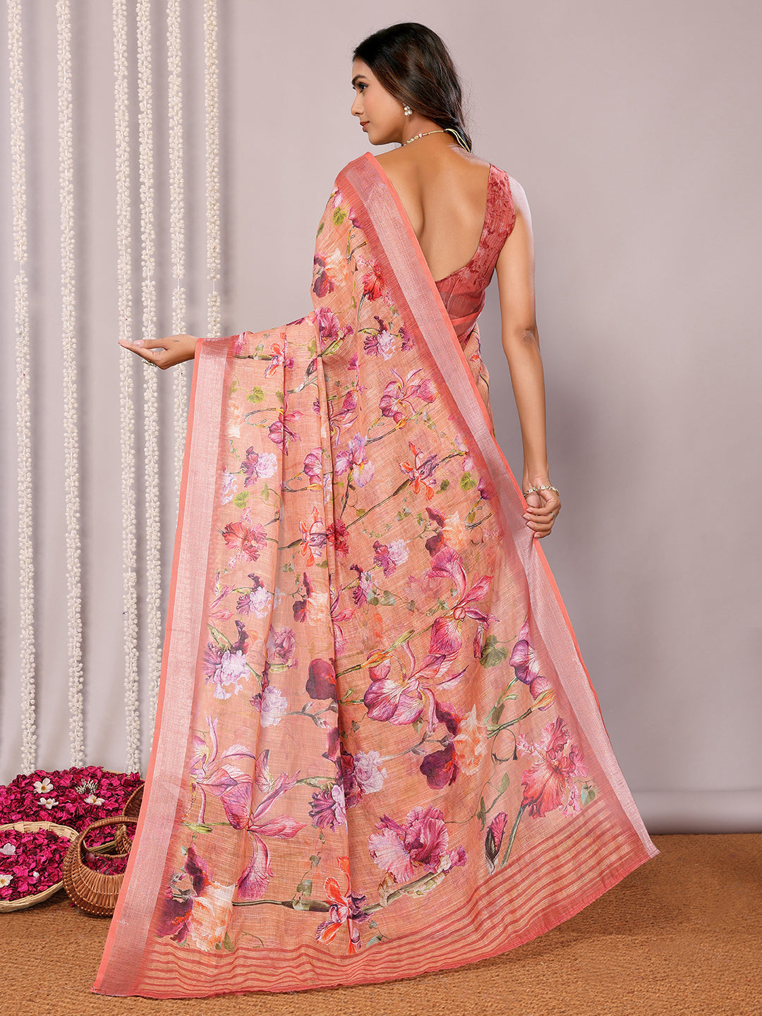 Janasya Peach Cotton Linen Floral Printed Grab2Buy 