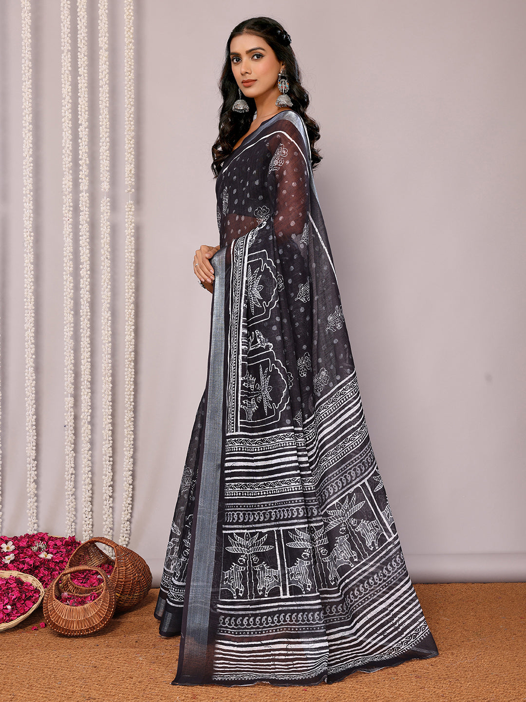 Janasya Black Cotton Linen Polka Printed Grab2Buy 