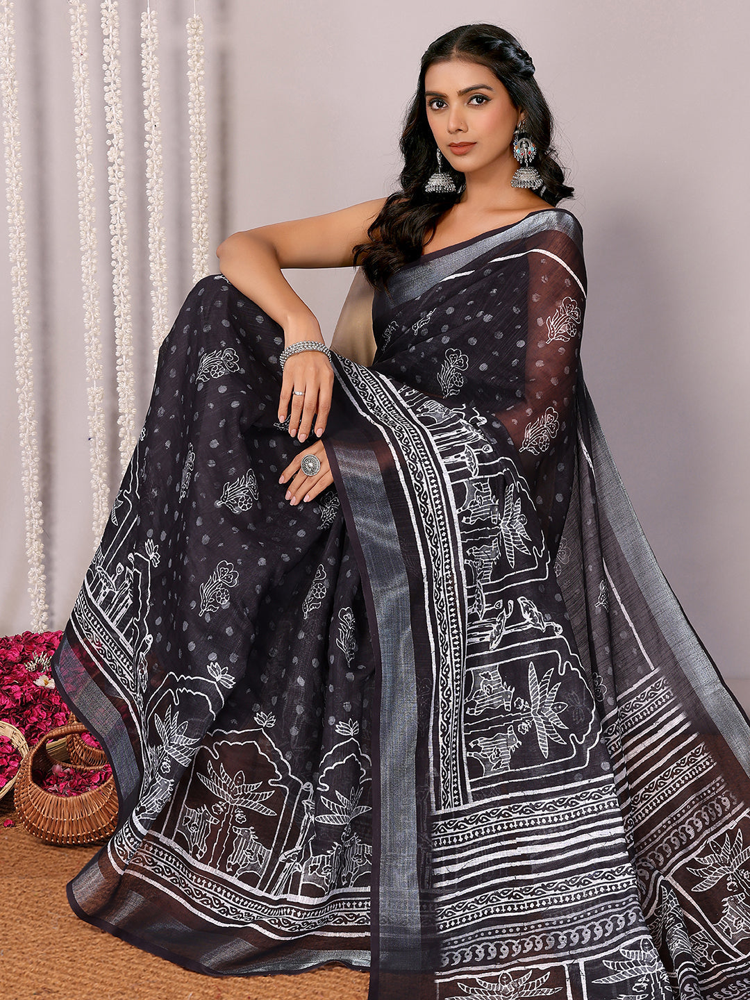 Janasya Black Cotton Linen Polka Printed Grab2Buy 