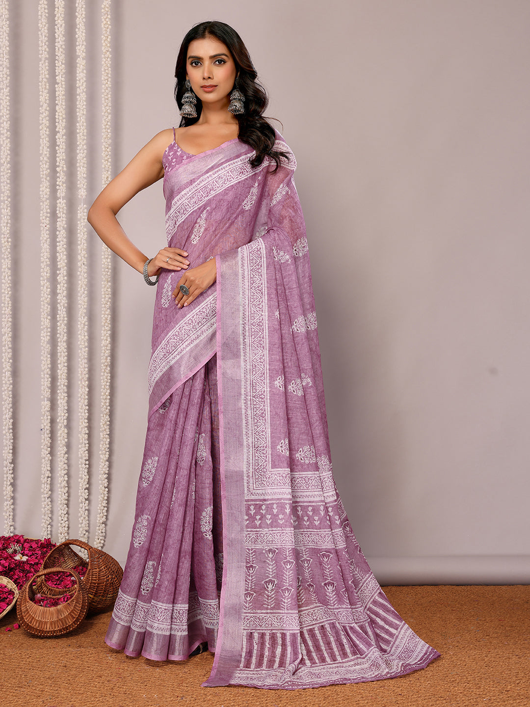 Janasya Mauve Cotton Linen Block Print Printed Grab2Buy 