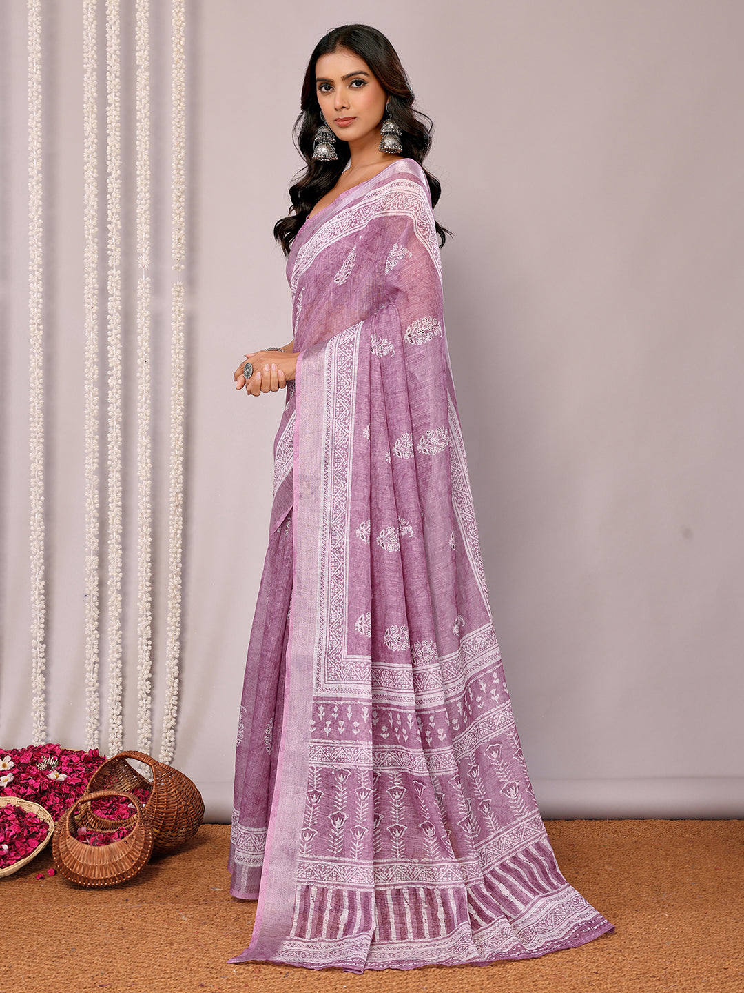 Janasya Mauve Cotton Linen Block Print Printed Grab2Buy 