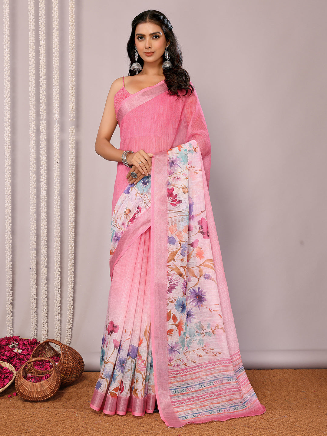 Janasya Pink Cotton Linen Floral Printed Grab2Buy 