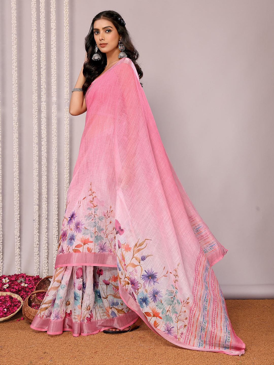 Janasya Pink Cotton Linen Floral Printed Grab2Buy 