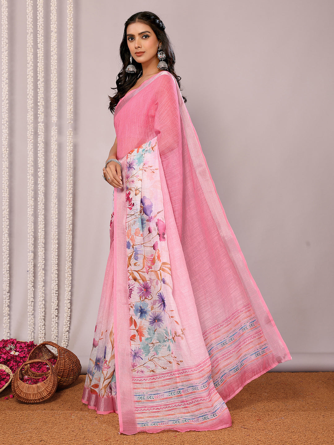 Janasya Pink Cotton Linen Floral Printed Grab2Buy 