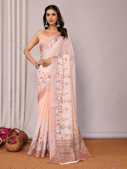 Janasya Peach Cotton Linen Floral Printed Grab2Buy 