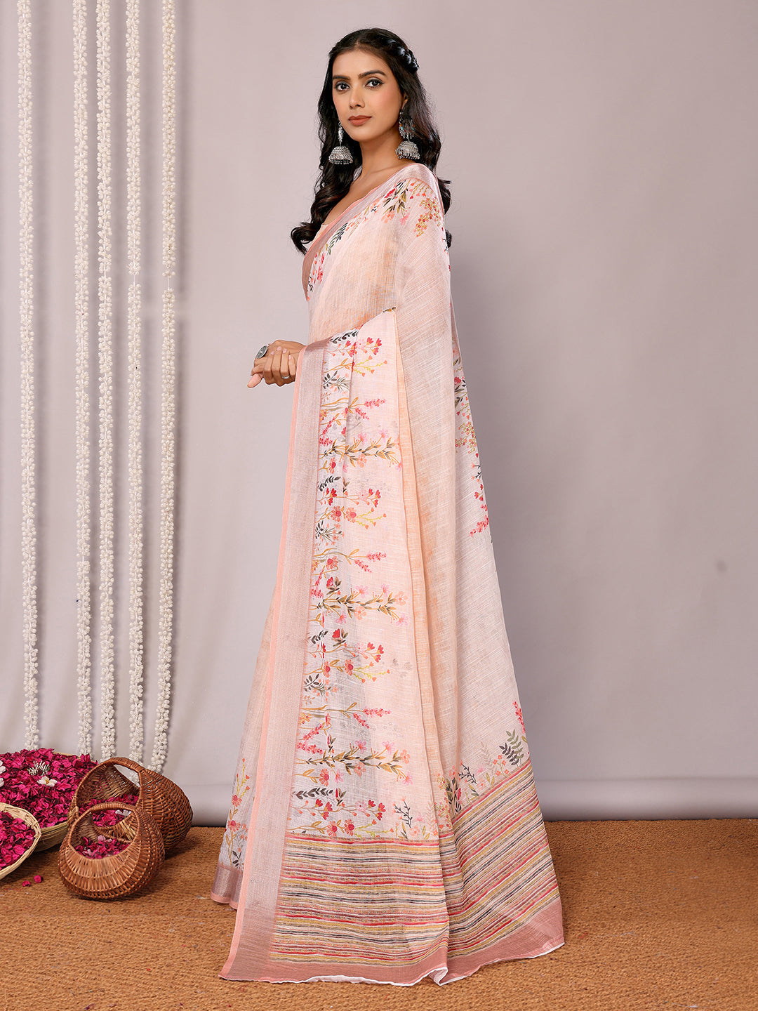 Janasya Peach Cotton Linen Floral Printed Grab2Buy 