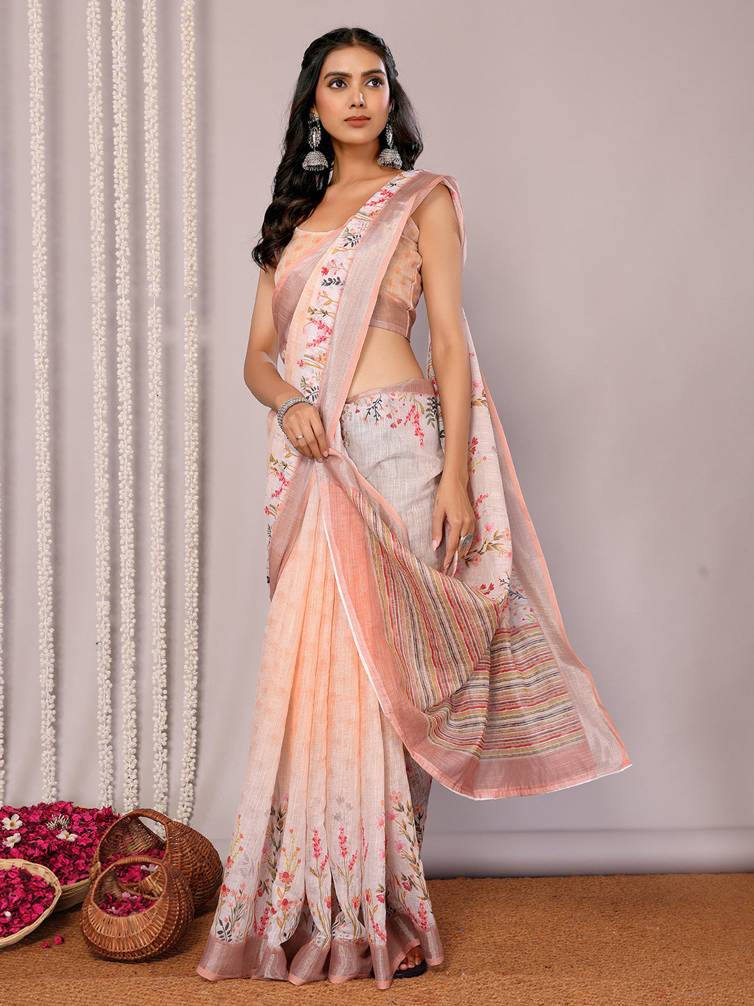 Janasya Peach Cotton Linen Floral Printed Grab2Buy 