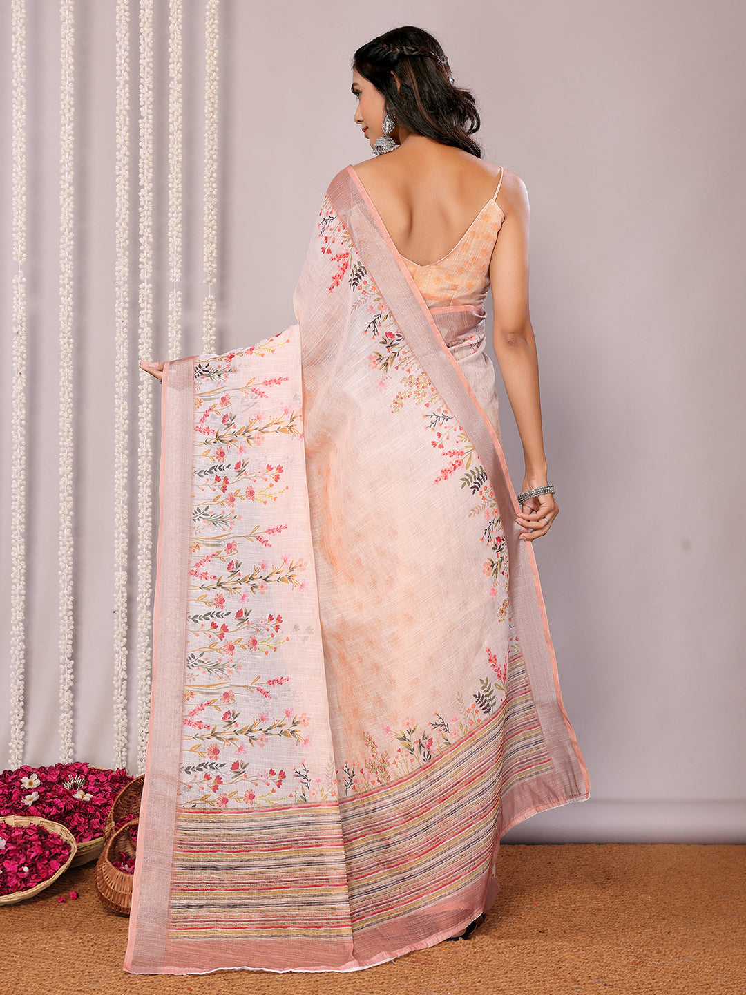 Janasya Peach Cotton Linen Floral Printed Grab2Buy 