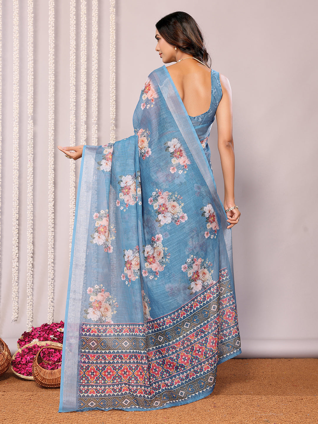 Janasya Blue Cotton Linen Floral Printed Grab2Buy 