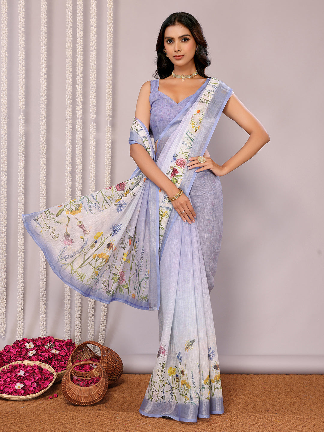 Janasya Lavender Cotton Linen Floral Printed Grab2Buy 