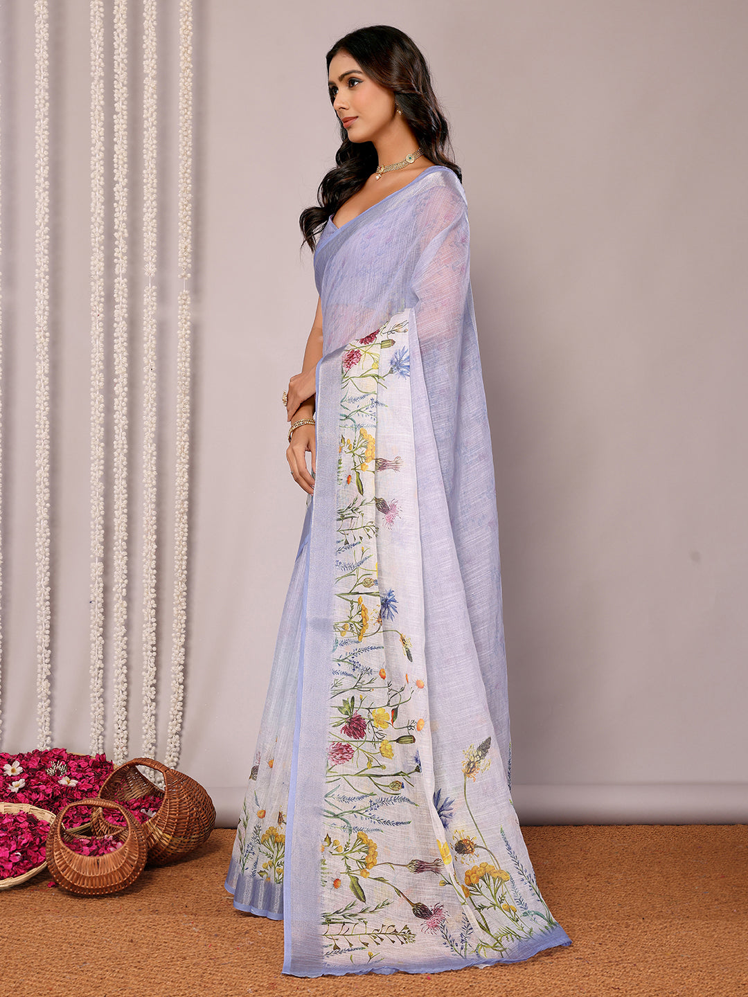 Janasya Lavender Cotton Linen Floral Printed Grab2Buy 