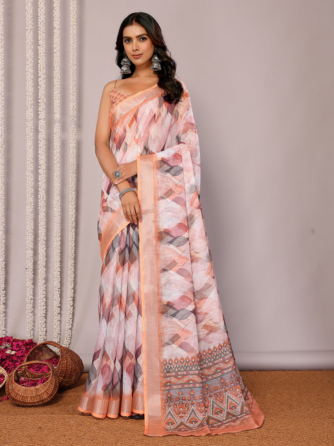 Janasya Peach Cotton Linen Abstract Printed Grab2Buy 