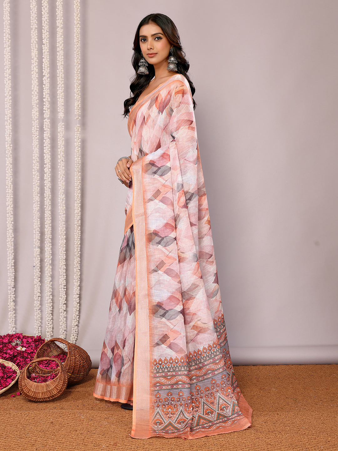 Janasya Peach Cotton Linen Abstract Printed Grab2Buy 