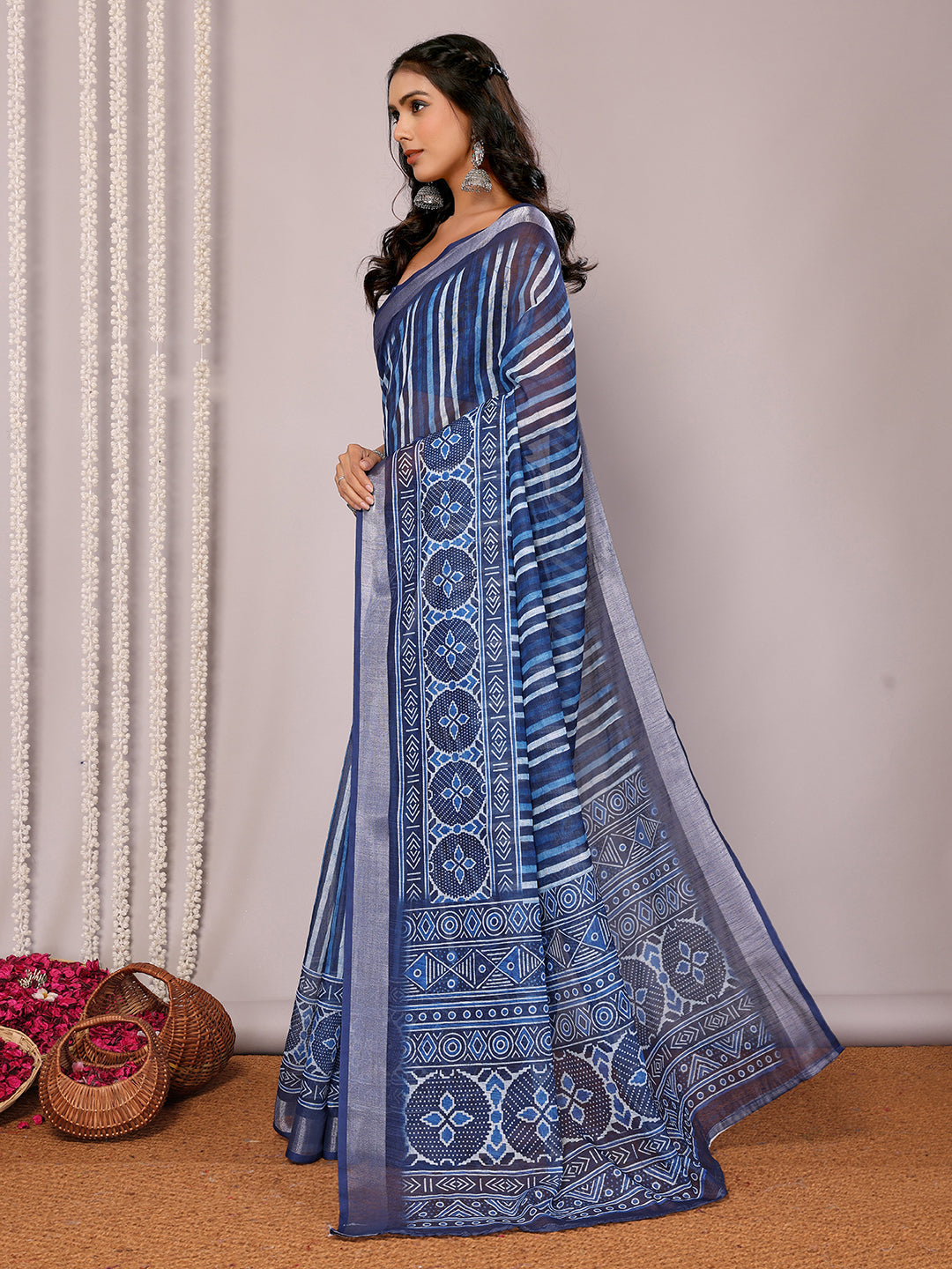 Janasya Blue Cotton Linen Geometric Printed Grab2Buy 