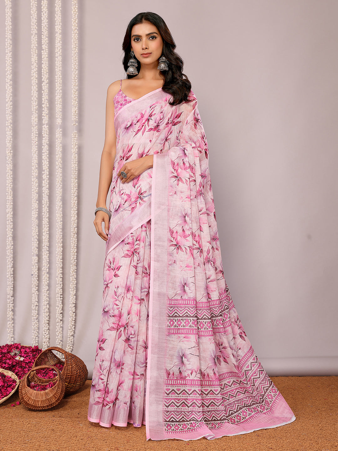 Janasya Pink Cotton Linen Floral Printed Grab2Buy 