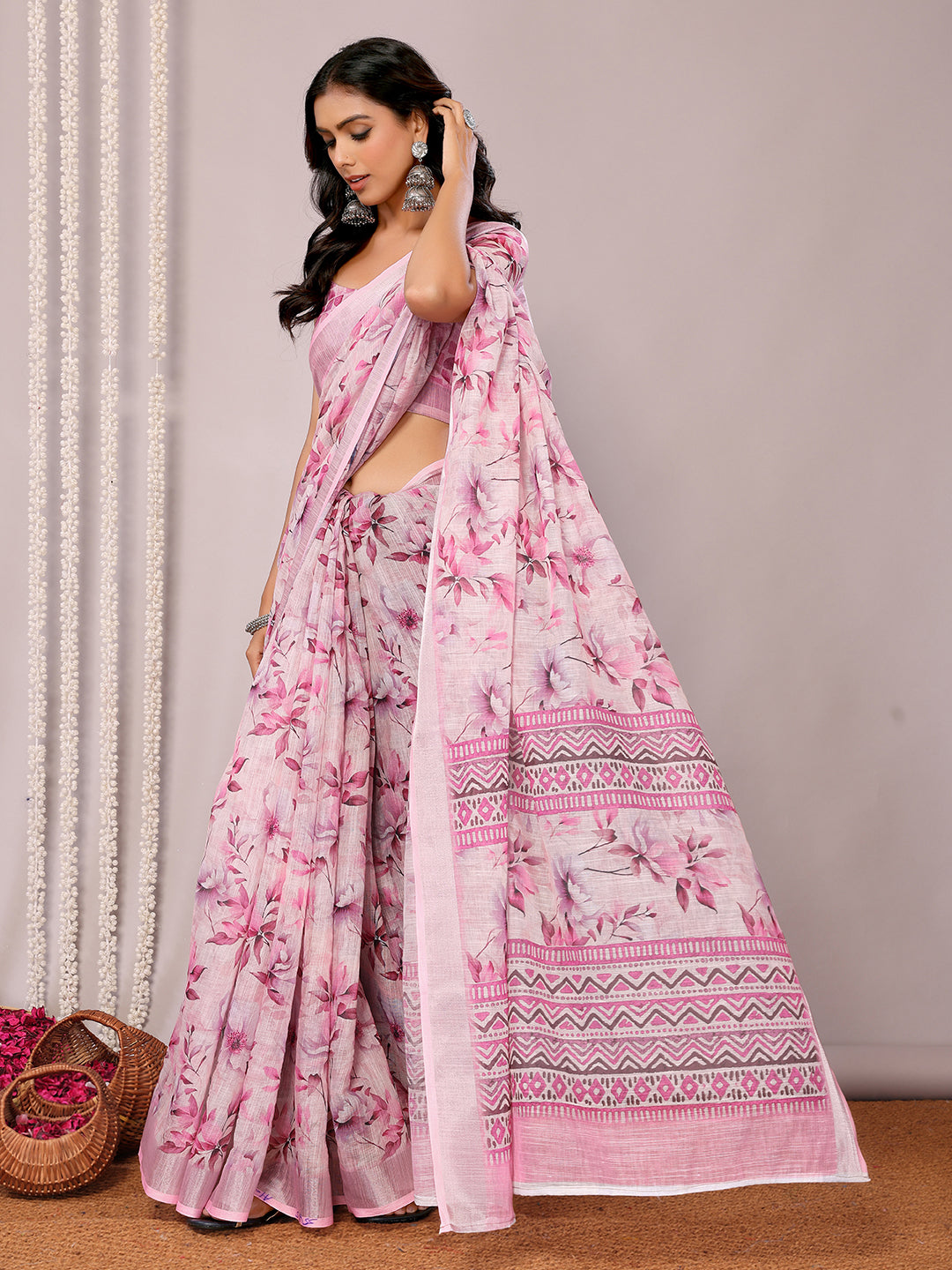 Janasya Pink Cotton Linen Floral Printed Grab2Buy 