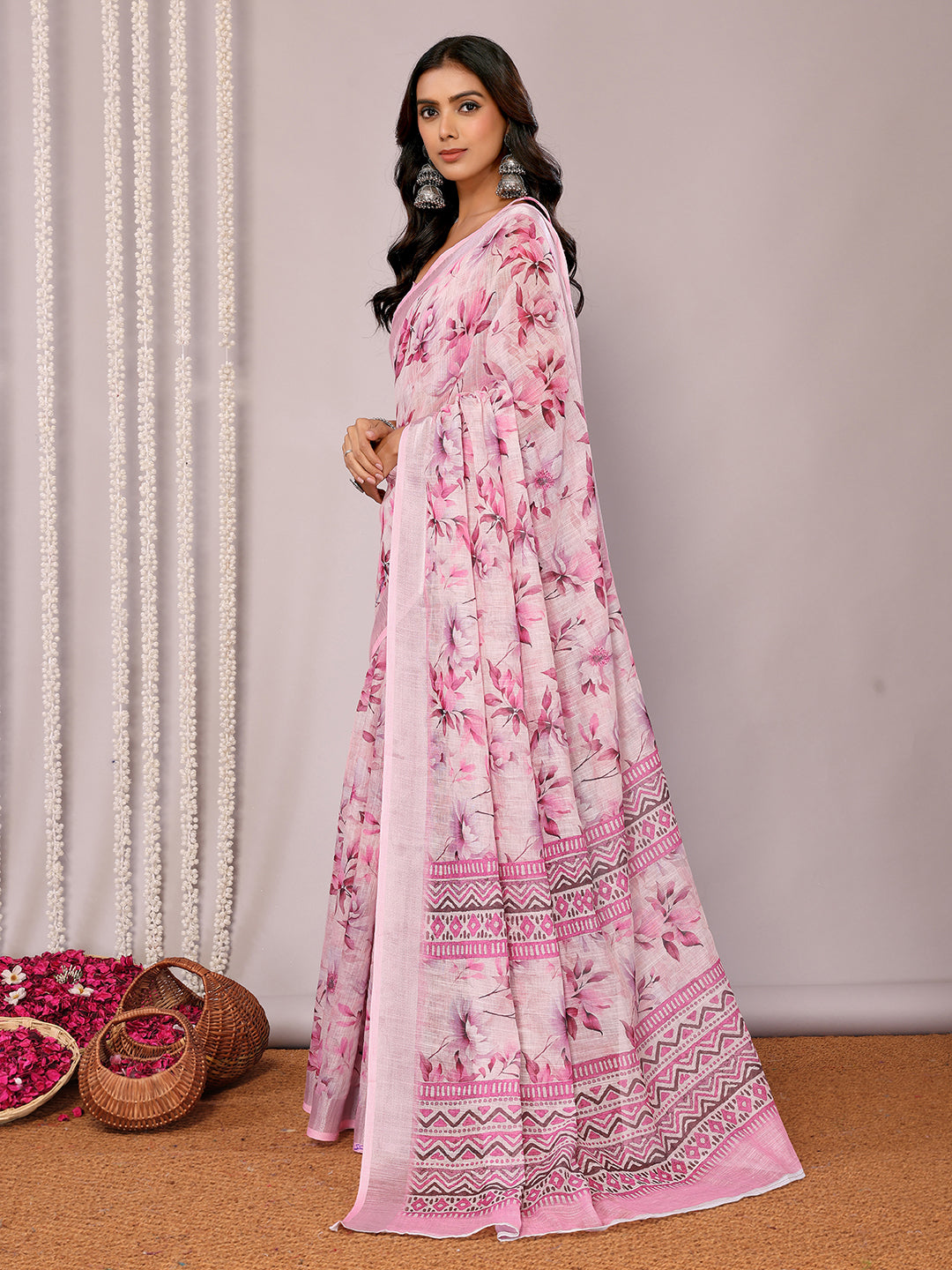 Janasya Pink Cotton Linen Floral Printed Grab2Buy 