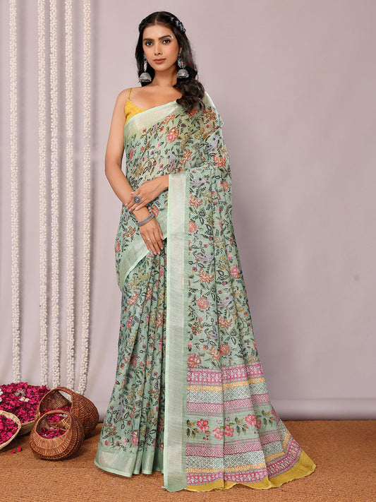 Janasya Sage Green Cotton Linen Floral Printed Grab2Buy 