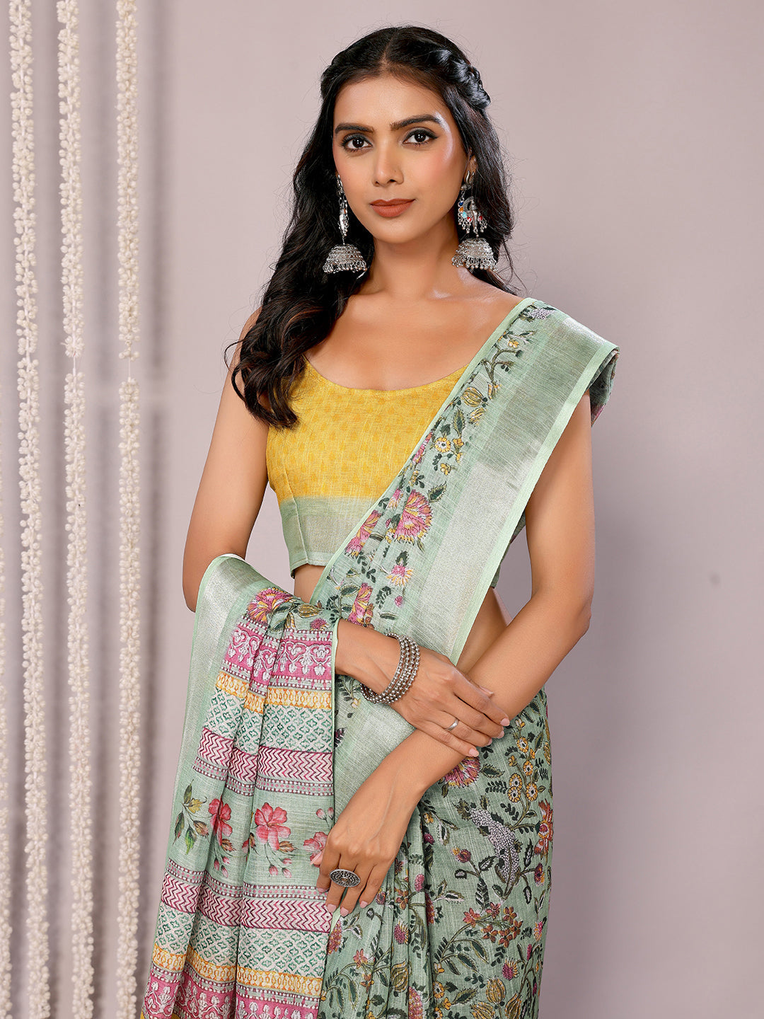 Janasya Sage Green Cotton Linen Floral Printed Grab2Buy 